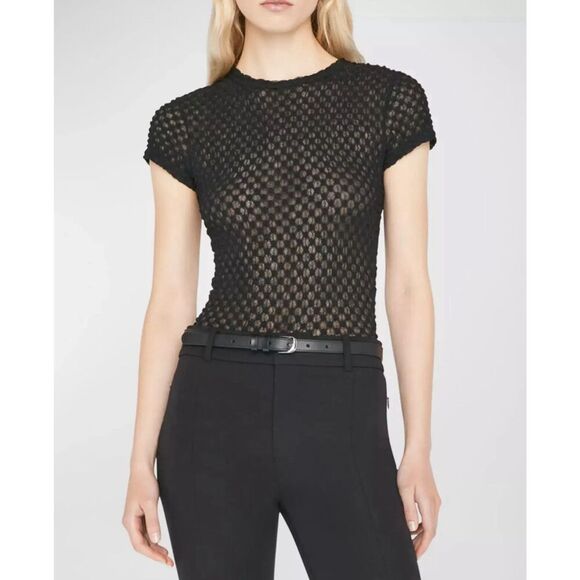 FRAME Mesh-Lace Crewneck Baby Tee - Black Small MSRP $158.00 - Picture 1 of 7